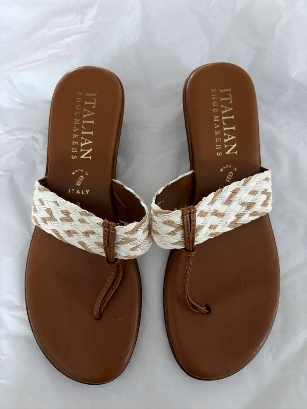 Italian Shoemakers Brown Leather Sandal with White Braided Strap